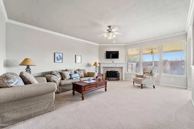 22610 Torrisdale Ln, Tomball, TX 77375 - living area with ceiling fan, ornamental molding, light carpet, and a tile fireplace
