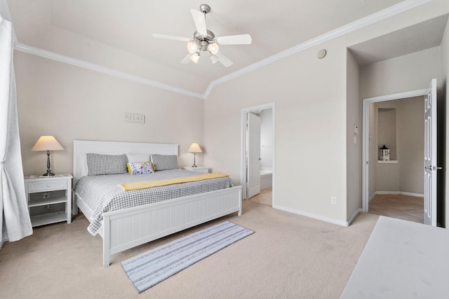 22610 Torrisdale Ln, Tomball, TX 77375 - carpeted bedroom featuring ornamental molding, lofted ceiling, and a ceiling fan