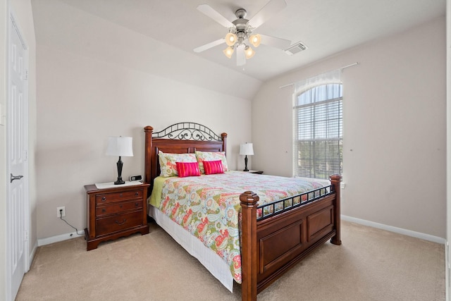 22610 Torrisdale Ln, Tomball, TX 77375 - bedroom with light carpet, lofted ceiling, and a ceiling fan