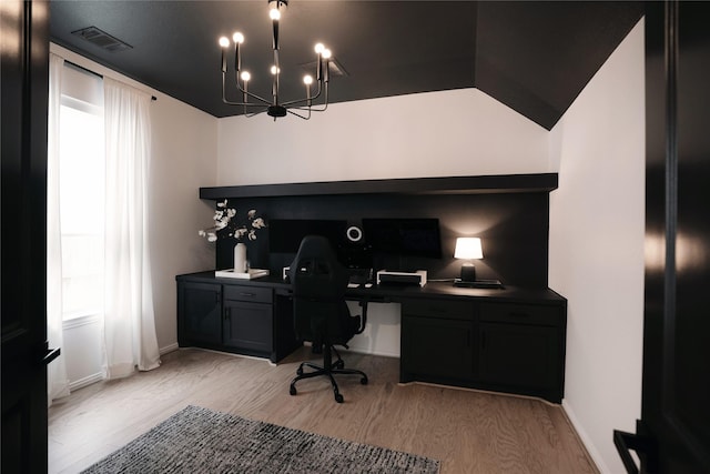 4110 Watson Dr, Rosharon, TX 77583 - office space featuring a chandelier, built in study area, light wood-style floors, and baseboards