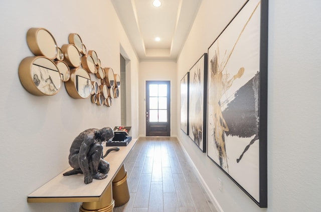 10711 Kingston Spring Dr, Missouri City, TX 77459 - doorway featuring recessed lighting, wood finished floors, and baseboards