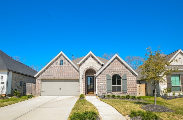 10711 Kingston Spring Dr, Missouri City, TX 77459 - french country home featuring brick siding, an attached garage, driveway, and a front lawn