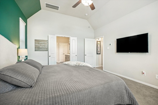 1861 Kenley Way, Alvin, TX 77511 - carpeted bedroom with baseboards, ceiling fan, high vaulted ceiling, and connected bathroom
