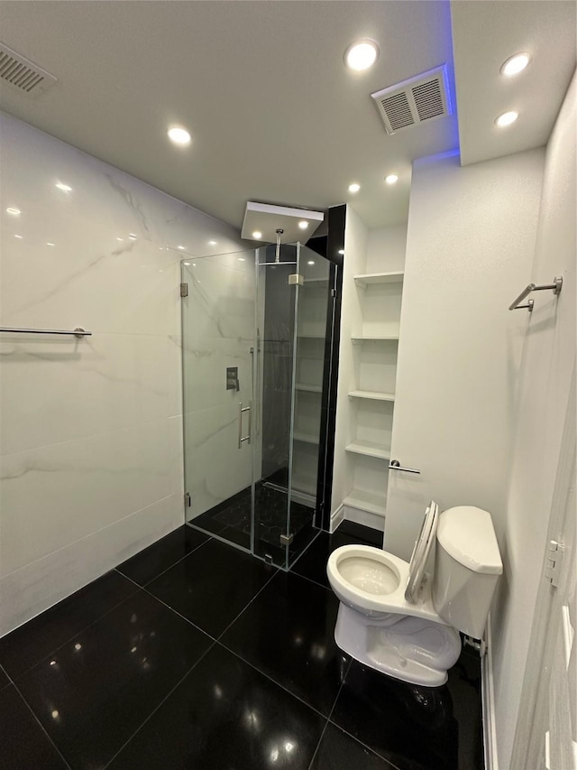 21207 Rushing Creek Ln, Katy, TX 77449 - full bathroom featuring a marble finish shower, toilet, tile patterned flooring, and recessed lighting
