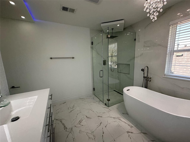 21207 Rushing Creek Ln, Katy, TX 77449 - full bathroom featuring a marble finish shower, vanity, a soaking tub, marble finish flooring, and recessed lighting
