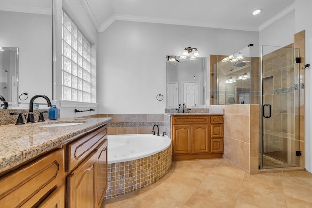 1930 Crisfield Dr, Sugar Land, TX 77479 - bathroom with a shower stall, ornamental molding, two vanities, a jetted tub, and tile patterned floors