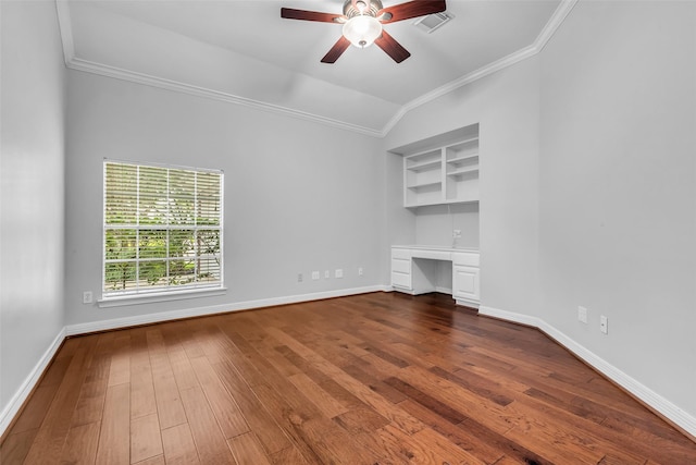 1930 Crisfield Dr, Sugar Land, TX 77479 - unfurnished living room with crown molding, ceiling fan, hardwood / wood-style flooring, lofted ceiling, and baseboards