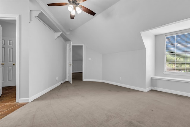 1930 Crisfield Dr, Sugar Land, TX 77479 - additional living space with a ceiling fan, lofted ceiling, carpet floors, and baseboards