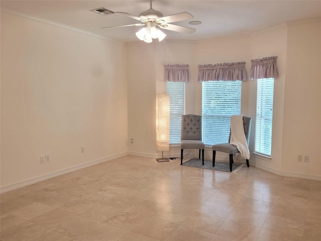 2626 Blue Lake Dr, Magnolia, TX 77354 - living area featuring crown molding, a ceiling fan, and baseboards