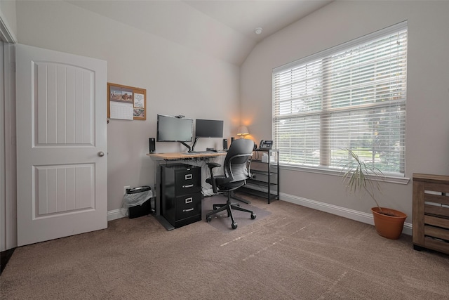 18526 Waterfall Creek Way, Cypress, TX 77429 - office area with carpet flooring, plenty of natural light, lofted ceiling, and baseboards