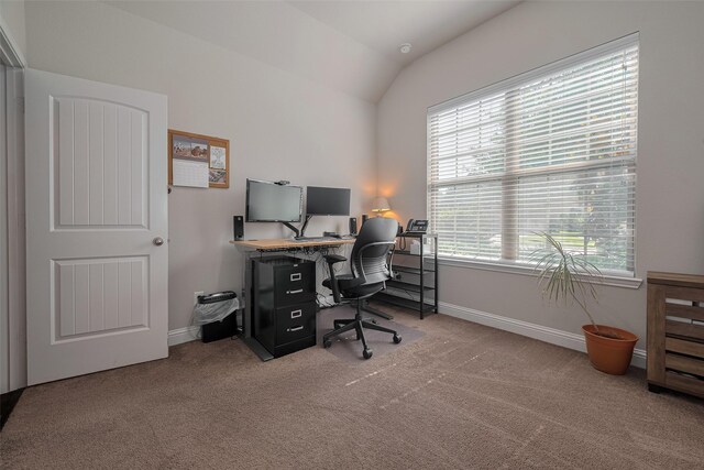 18526 Waterfall Creek Way, Cypress, TX 77429 - office area featuring carpet, healthy amount of natural light, and lofted ceiling