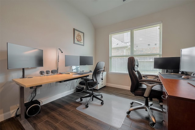 18526 Waterfall Creek Way, Cypress, TX 77429 - office space with wood finished floors, baseboards, and lofted ceiling