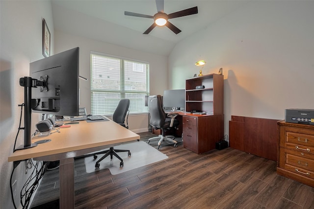 18526 Waterfall Creek Way, Cypress, TX 77429 - office area featuring a ceiling fan, dark wood finished floors, and vaulted ceiling