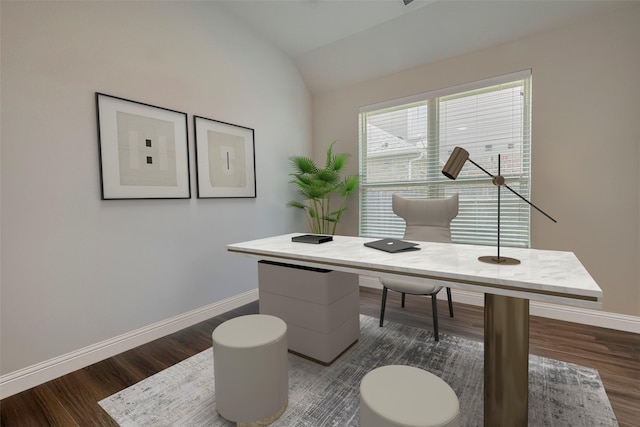18526 Waterfall Creek Way, Cypress, TX 77429 - office area featuring dark wood-type flooring and lofted ceiling