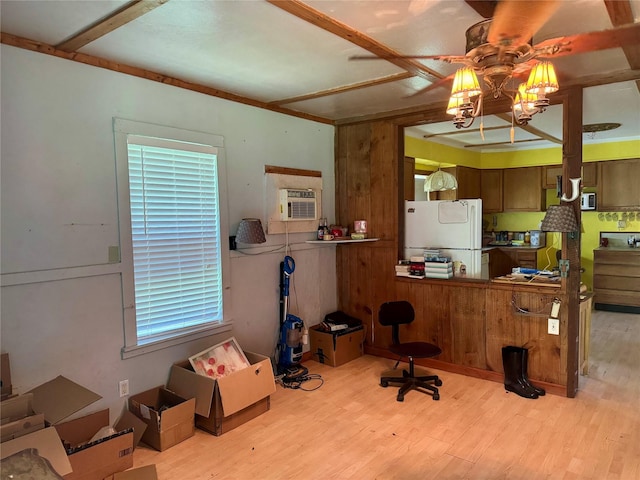 385 Ole Long Pull Rd, Livingston, TX 77351 - kitchen with freestanding refrigerator, wood finished floors, and a ceiling fan