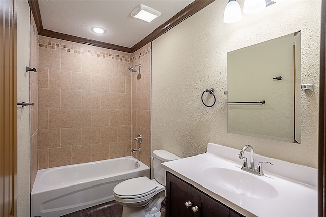 105A Butler Rd, Vidor, TX 77662 - bathroom featuring toilet, vanity, shower / washtub combination, crown molding, and a textured wall