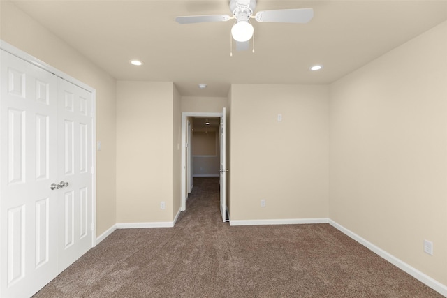7754 Ave J, Houston, TX 77012 - unfurnished bedroom with dark carpet, recessed lighting, baseboards, and ceiling fan