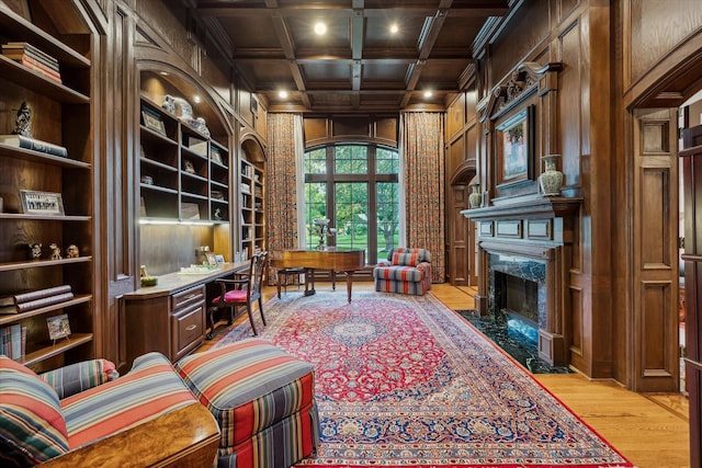 10911 Kemwood Dr, Houston, TX 77024 - office space featuring light wood-style flooring, ornamental molding, wood walls, coffered ceiling, and wood ceiling with exposed beams