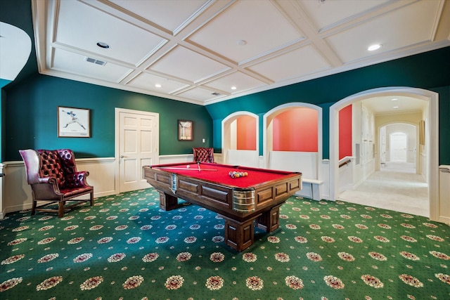 10911 Kemwood Dr, Houston, TX 77024 - rec room with carpet, coffered ceiling, billiards, wainscoting, and arched walkways