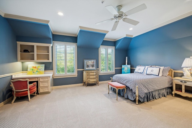 10911 Kemwood Dr, Houston, TX 77024 - bedroom with baseboards, carpet, ornamental molding, a ceiling fan, and recessed lighting