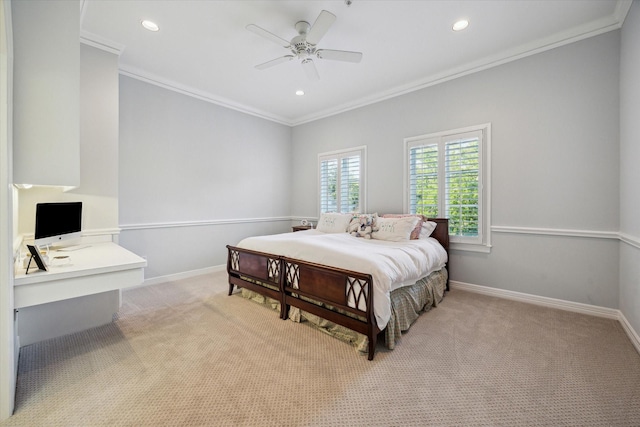 10911 Kemwood Dr, Houston, TX 77024 - bedroom with crown molding, light colored carpet, recessed lighting, baseboards, and an office area