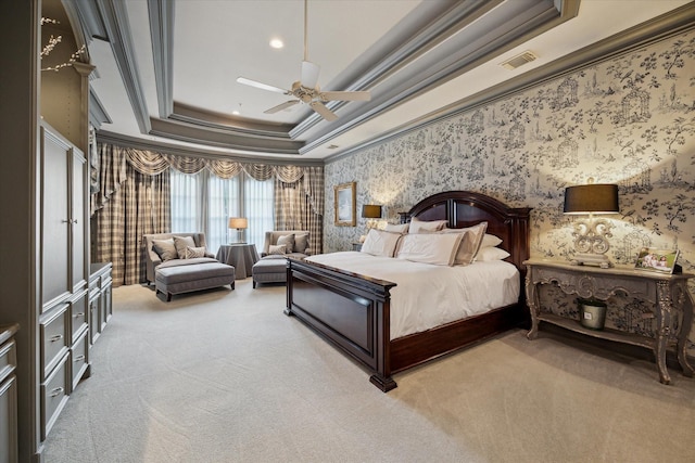 10911 Kemwood Dr, Houston, TX 77024 - bedroom with light colored carpet, ornamental molding, wallpapered walls, a ceiling fan, and a raised ceiling