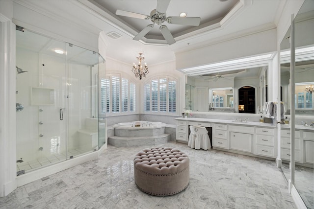 10911 Kemwood Dr, Houston, TX 77024 - bathroom featuring a chandelier, a ceiling fan, vanity, a stall shower, and crown molding