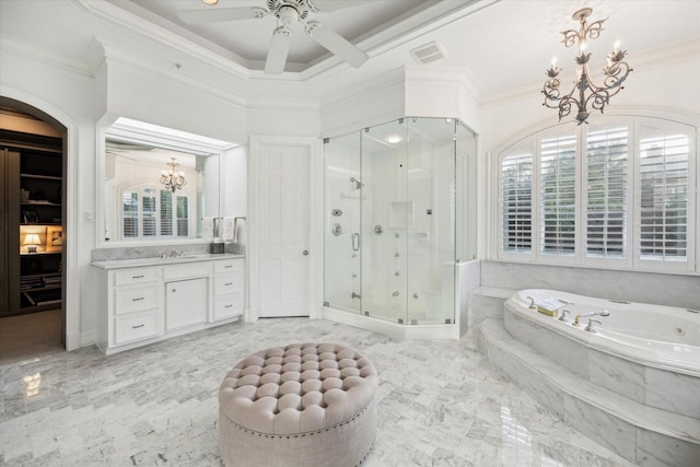 10911 Kemwood Dr, Houston, TX 77024 - full bathroom featuring a chandelier, a stall shower, vanity, a garden tub, and crown molding