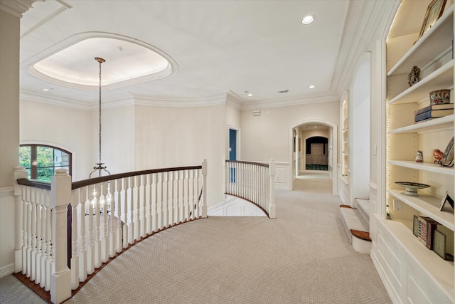 10911 Kemwood Dr, Houston, TX 77024 - hallway with an upstairs landing, carpet floors, a chandelier, recessed lighting, and crown molding