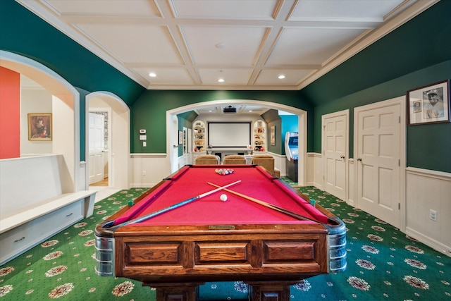 10911 Kemwood Dr, Houston, TX 77024 - recreation room featuring carpet, a wainscoted wall, arched walkways, recessed lighting, and coffered ceiling