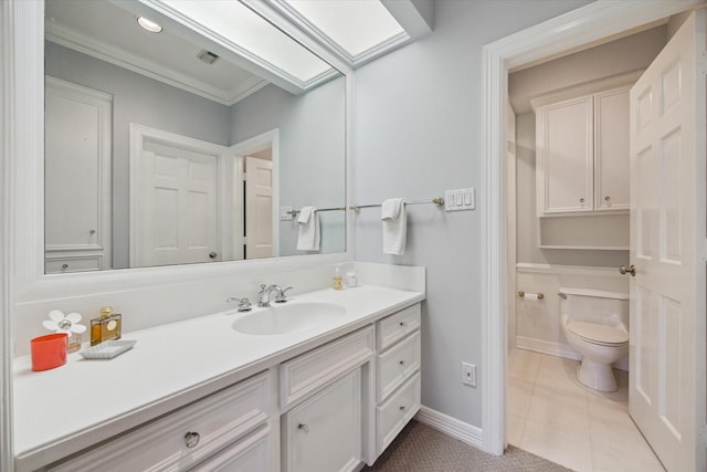 10911 Kemwood Dr, Houston, TX 77024 - bathroom with vanity, ornamental molding, toilet, and tile patterned flooring