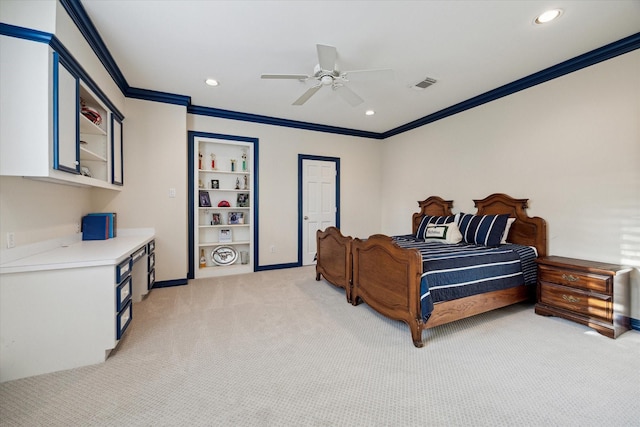 10911 Kemwood Dr, Houston, TX 77024 - bedroom featuring crown molding, light colored carpet, recessed lighting, baseboards, and ceiling fan
