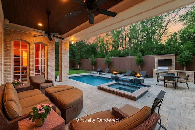 10911 Kemwood Dr, Houston, TX 77024 - view of swimming pool with a ceiling fan, a patio area, an in-ground hot tub, and outdoor dining area