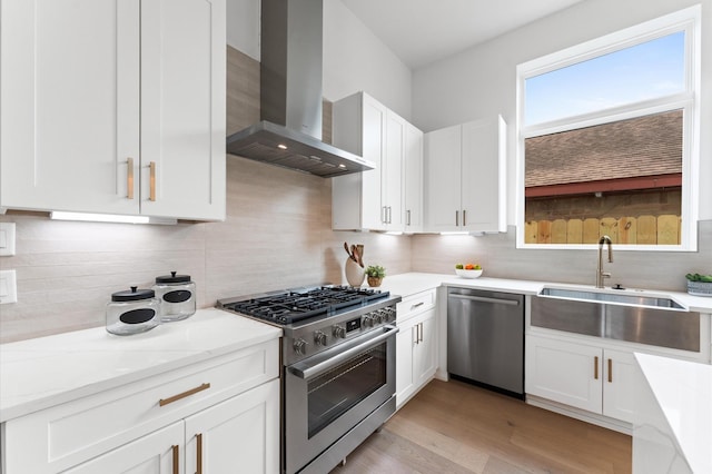 819 Dorothy St Unit B, Houston, TX 77008 - kitchen with stainless steel appliances, wall chimney range hood, decorative backsplash, a sink, and light stone counters