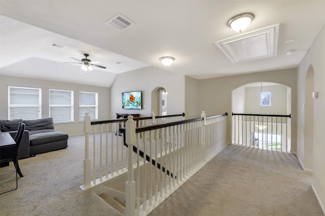 13823 Pointed Edge Ln, Cypress, TX 77429 - corridor featuring carpet, attic access, an upstairs landing, baseboards, and lofted ceiling