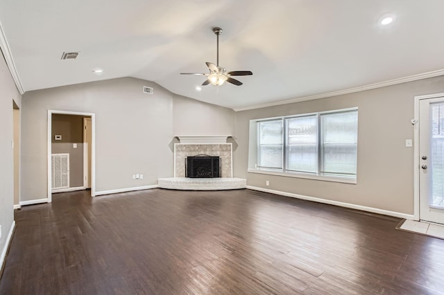 5607 Circlegate Dr, Spring, TX 77373 - unfurnished living room with a ceiling fan, lofted ceiling, dark wood-style flooring, baseboards, and ornamental molding
