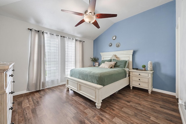 3902 Cary Creek Dr, Baytown, TX 77521 - bedroom featuring lofted ceiling, dark wood finished floors, baseboards, and ceiling fan