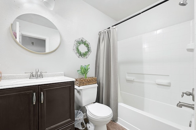 3902 Cary Creek Dr, Baytown, TX 77521 - full bathroom with toilet, shower / bath combination with curtain, vanity, and tile patterned floors