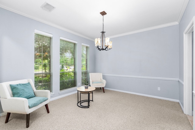 3815 Griffin Ln, Missouri City, TX 77459 - living area featuring carpet flooring, ornamental molding, a chandelier, and baseboards