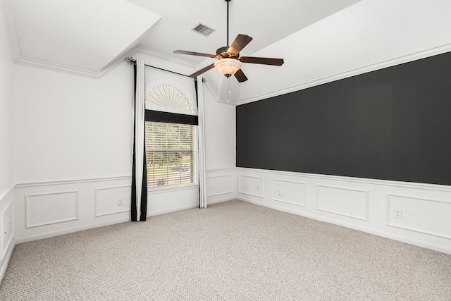 3815 Griffin Ln, Missouri City, TX 77459 - unfurnished room featuring ceiling fan, ornamental molding, carpet floors, wainscoting, and lofted ceiling