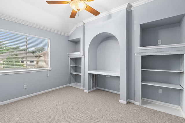 3815 Griffin Ln, Missouri City, TX 77459 - unfurnished bedroom with crown molding, carpet floors, vaulted ceiling, baseboards, and ceiling fan