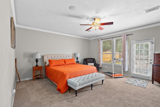 1012 Walnut Pointe, League City, TX 77573 - bedroom with carpet floors, baseboards, crown molding, a ceiling fan, and access to outside