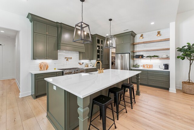 567 Lonestar Rd, Huntsville, TX 77340 - kitchen featuring open shelves, tasteful backsplash, a sink, high end refrigerator, and baseboards