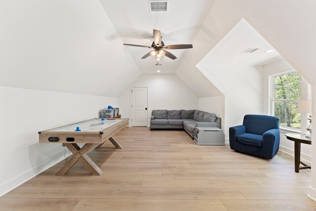567 Lonestar Rd, Huntsville, TX 77340 - playroom featuring vaulted ceiling, light wood-type flooring, ceiling fan, and baseboards