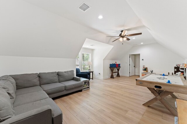 567 Lonestar Rd, Huntsville, TX 77340 - game room with ceiling fan, light wood-style floors, lofted ceiling, recessed lighting, and baseboards