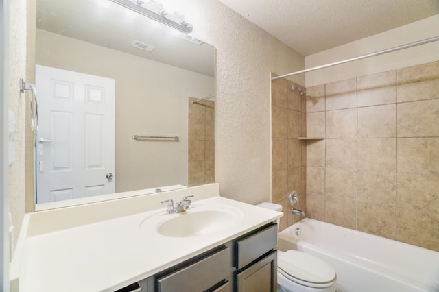 6763 Indian Ldg, San Antonio, TX 78253 - bathroom featuring a textured wall, toilet, vanity,  shower combination, and a textured ceiling