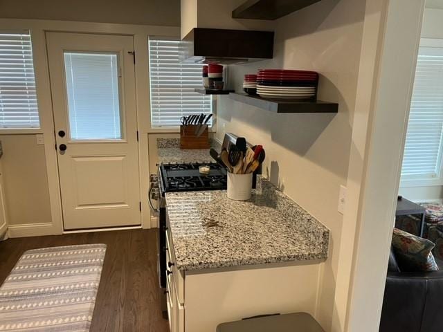 204 E Dry St, San Saba, TX 76877 - kitchen featuring dark wood-style floors, ventilation hood, light stone counters, and range with gas cooktop
