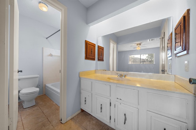 1639 Castle Creek Dr, Missouri City, TX 77489 - full bathroom featuring vanity, toilet, tile patterned flooring, a ceiling fan, and bathtub / shower combination