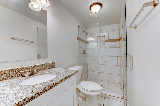 9022 Sultan Dr, Houston, TX 77078 - bathroom with toilet, a stall shower, vanity, and marble finish flooring