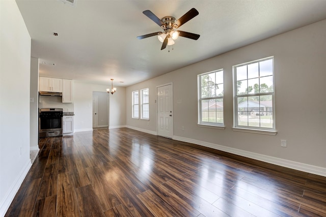 9022 Sultan Dr, Houston, TX 77078 - unfurnished living room with a chandelier, ceiling fan, dark wood-style flooring, and baseboards